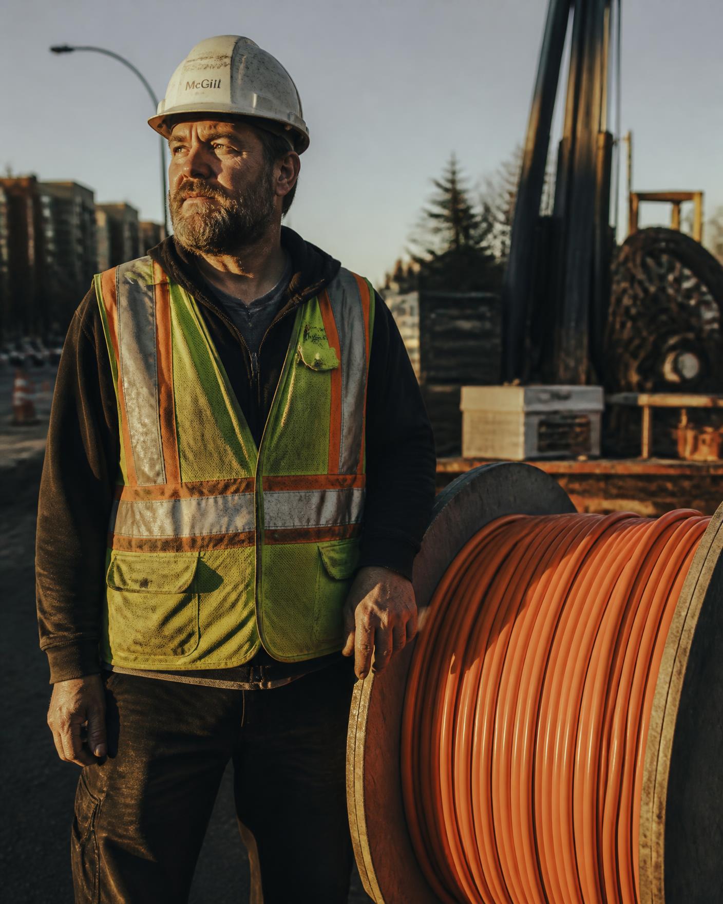 RLM Underground fiber technician beside a spool of orange conduit at a job site
