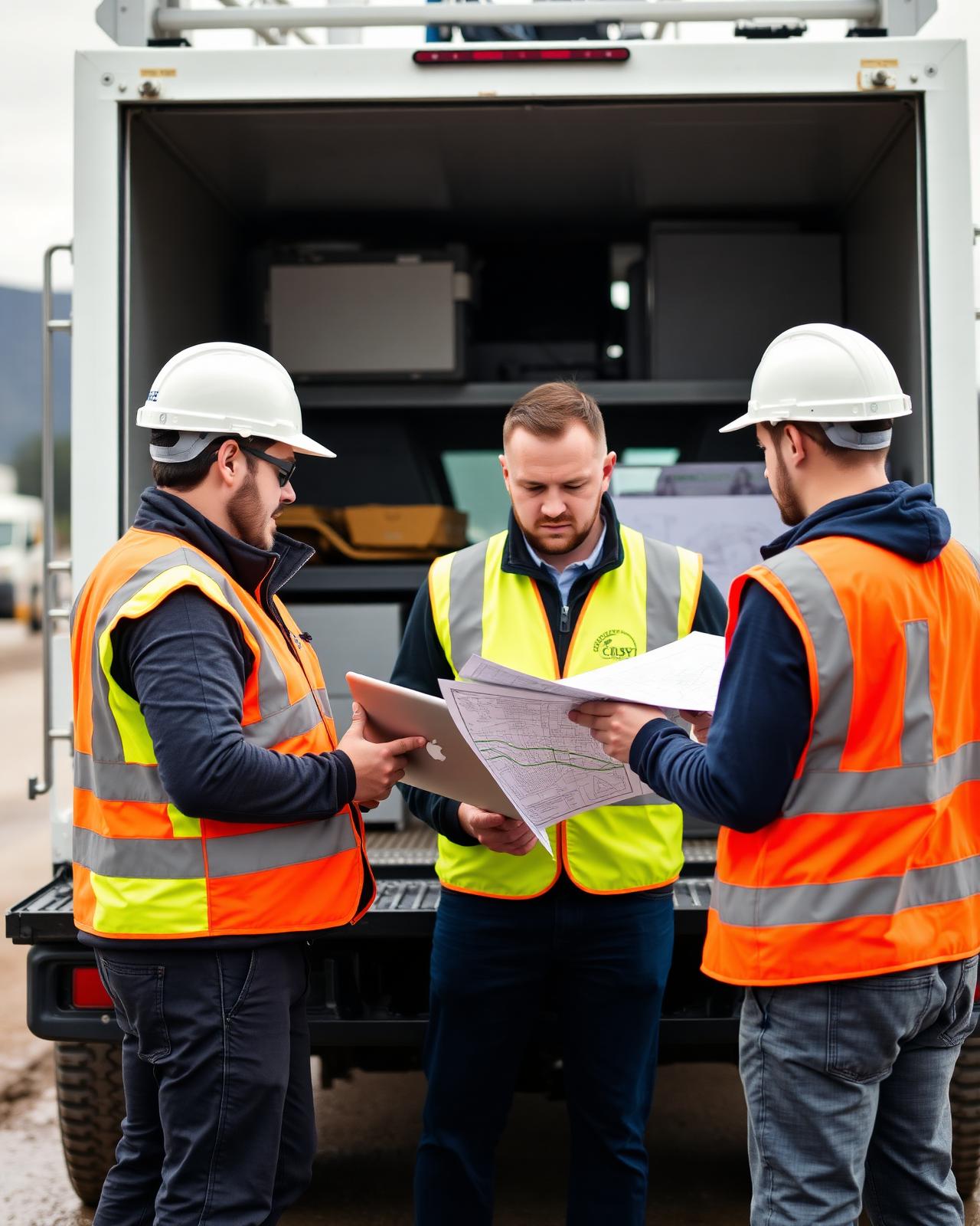 Engineers reviewing route drawings at a job site