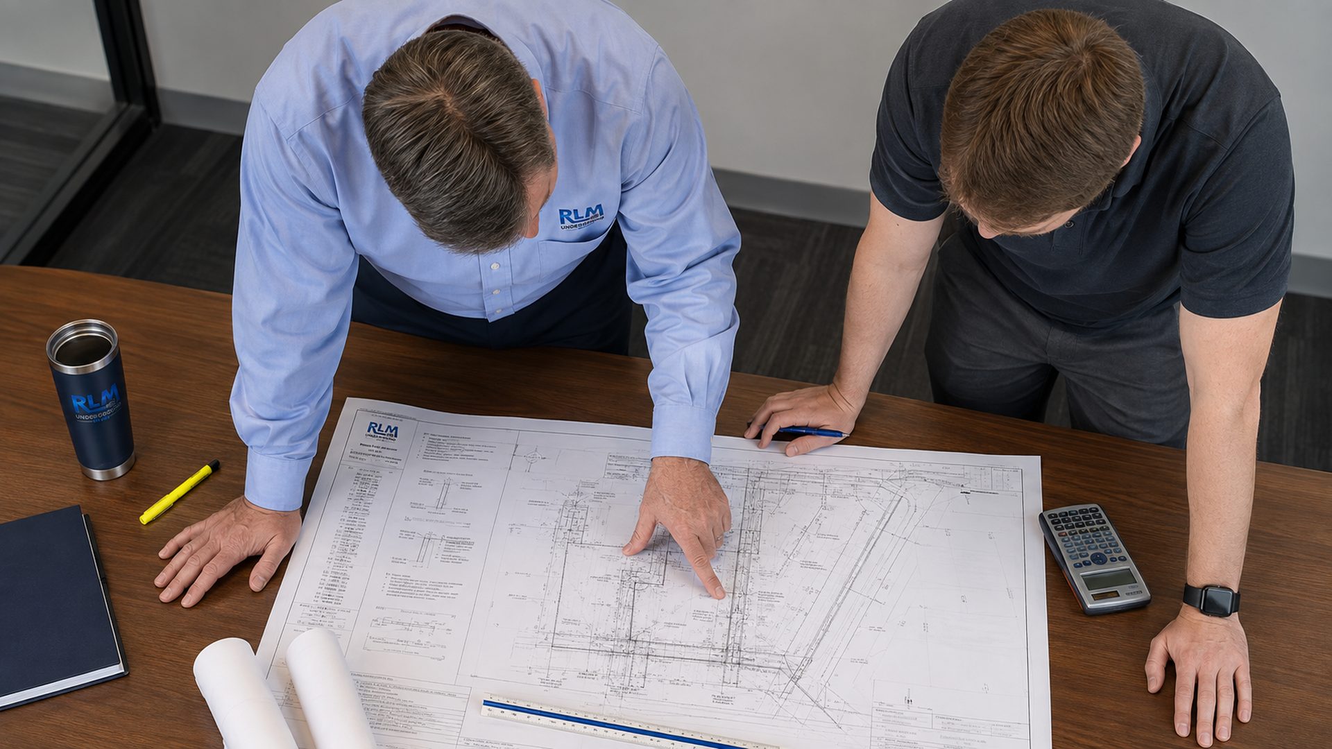RLM engineers reviewing construction drawings