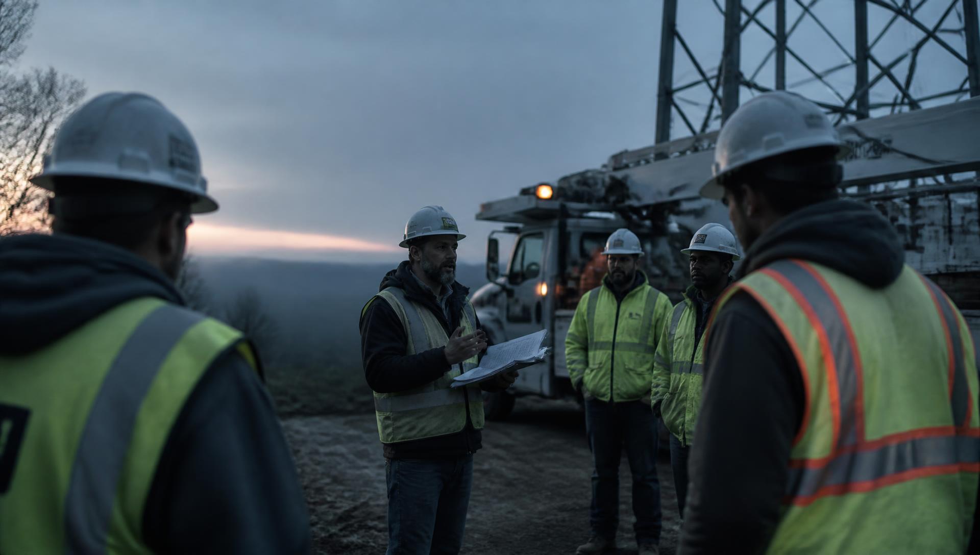 RLM Underground crew in high-visibility gear during a dawn safety briefing beside equipment