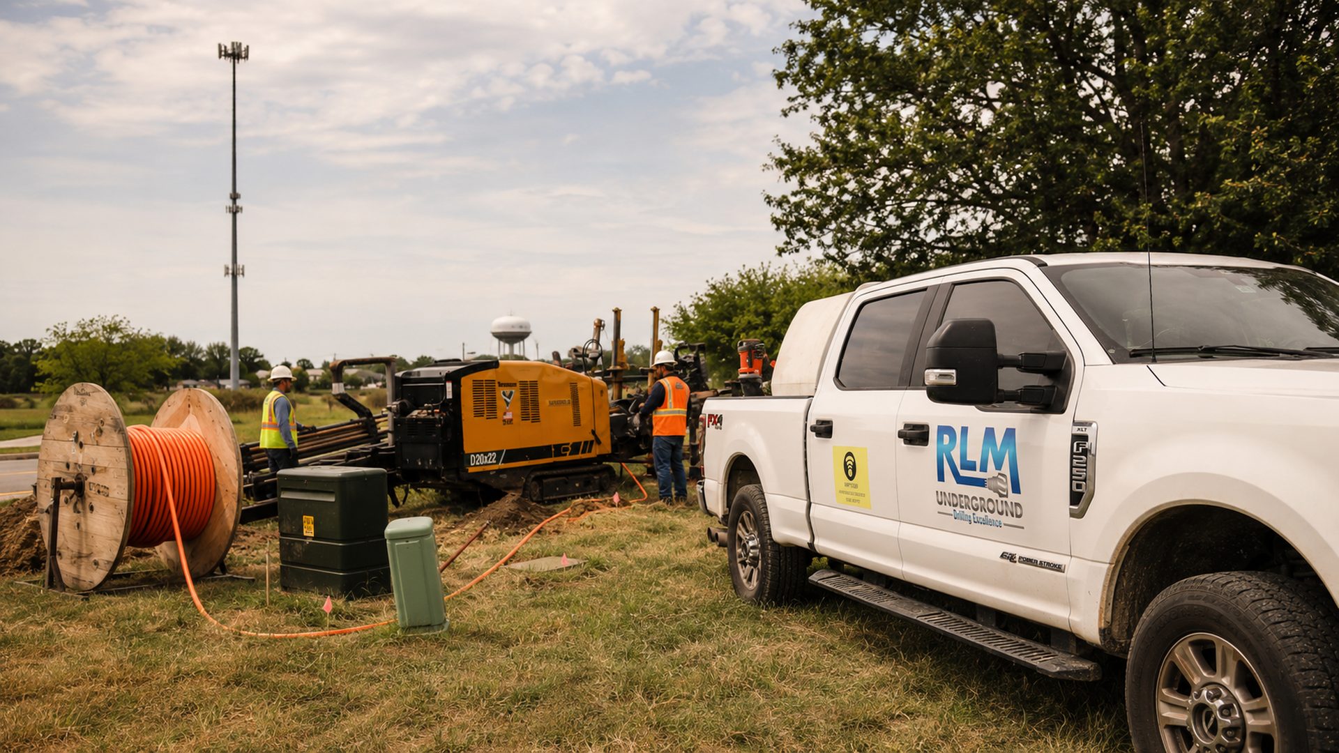 RLM crew operating a directional drill alongside a branded RLM truck